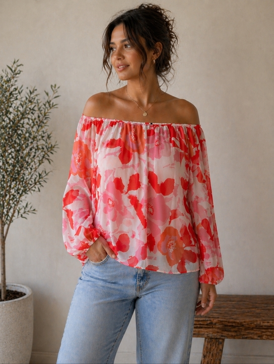 Marciano Tops - Marciano | Off-Shoulder Floral Blouse Pink Coral Romantic Top, Size XS